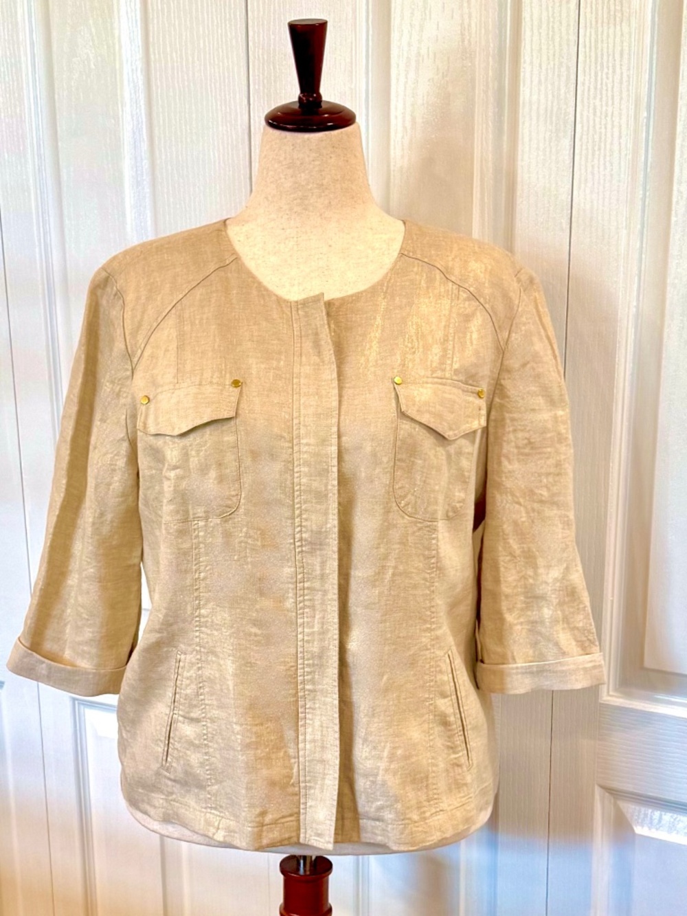 Women's Chico's Size 2 (12) 100% Linen Jacket, Champagne Gold Metallic, Zip Up